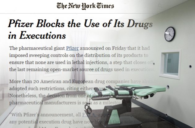 Pfizer Blocks the Use of Its Drugs in Executions THE NEW YORK TIMES